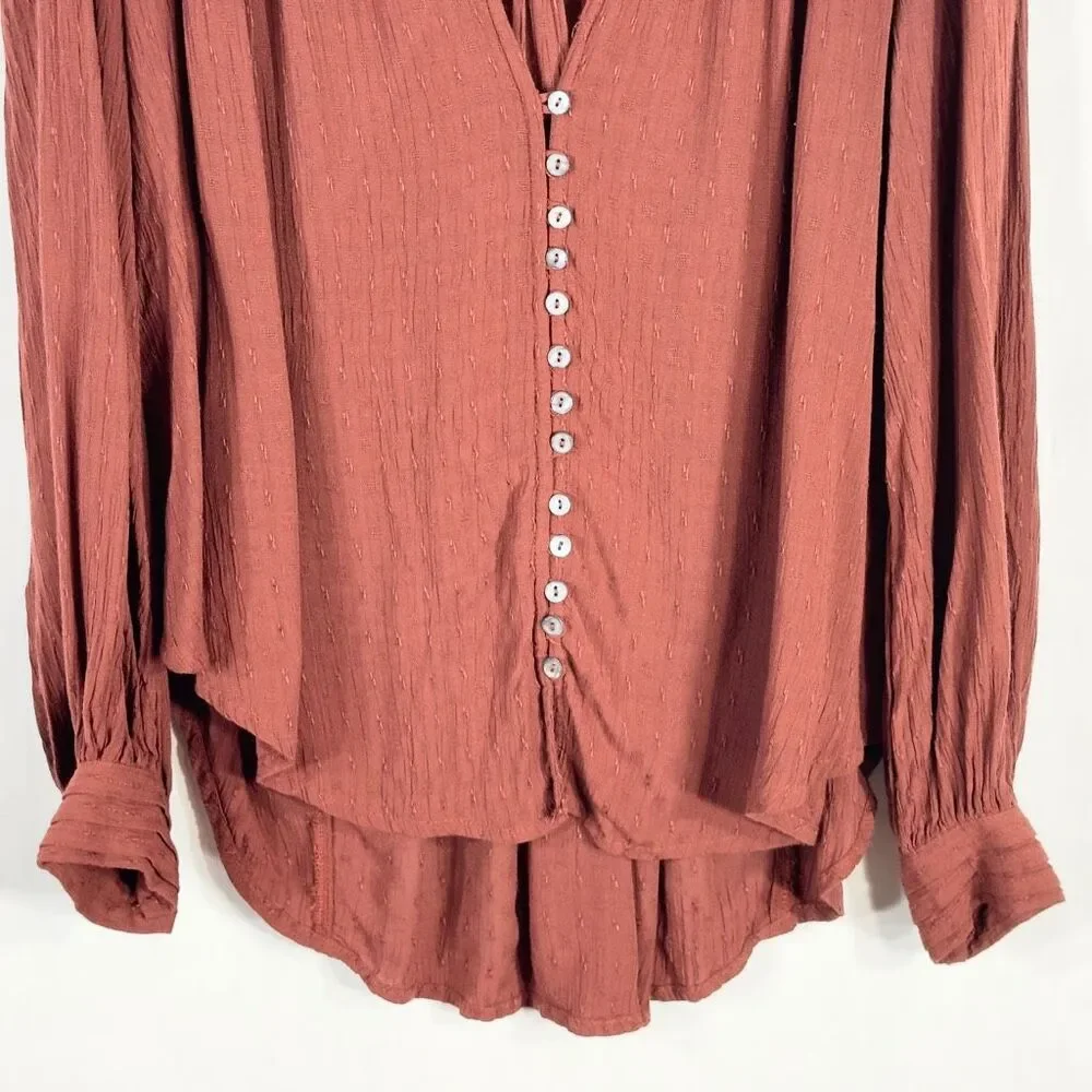 Free People XS Top Canyon Rose Shirt Boho Rust Gold Pearl Button Embroidered 675